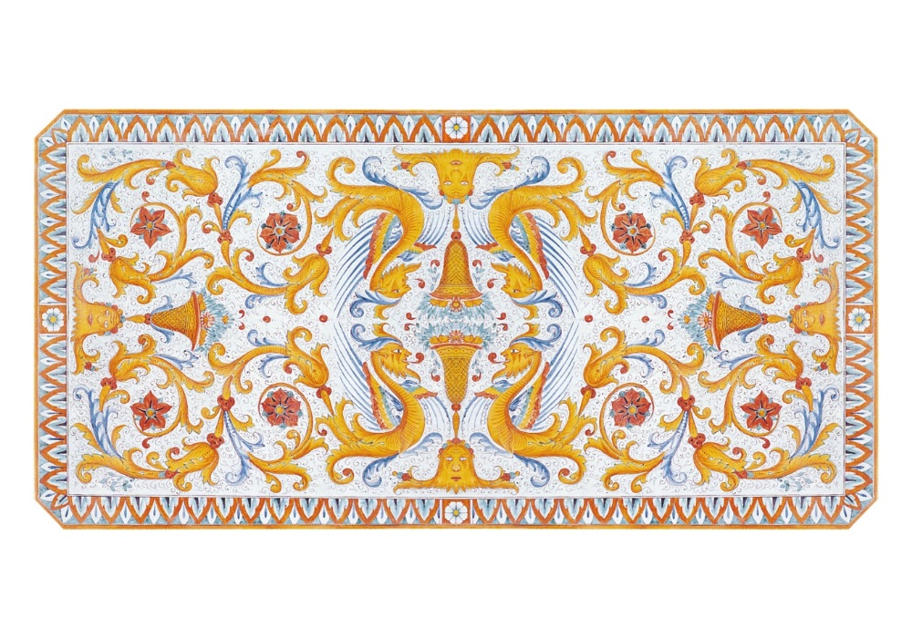 Table rectangulaire en majolique peinte à la main de Deruta – décor Raffael, chef-d’œuvre de l’art céramique italien